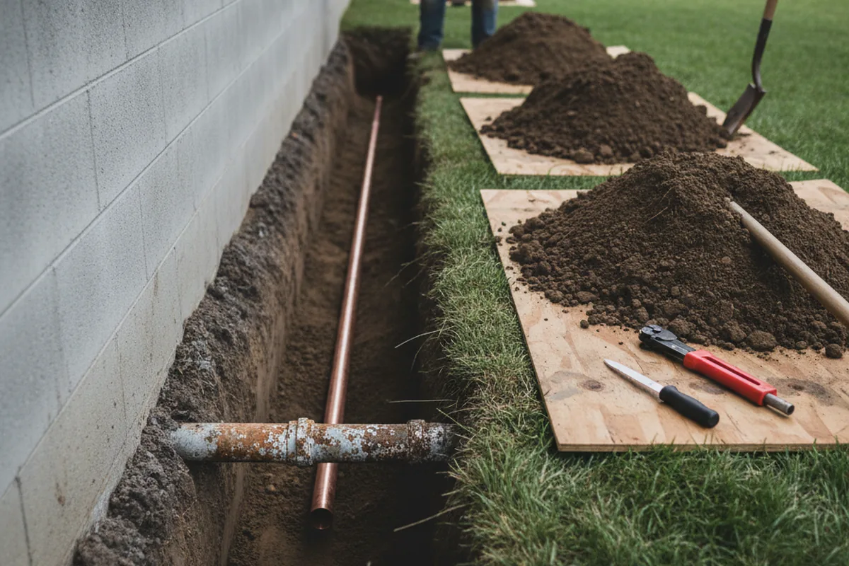 Excavated water line trench during Water Softener Installation in Floyd